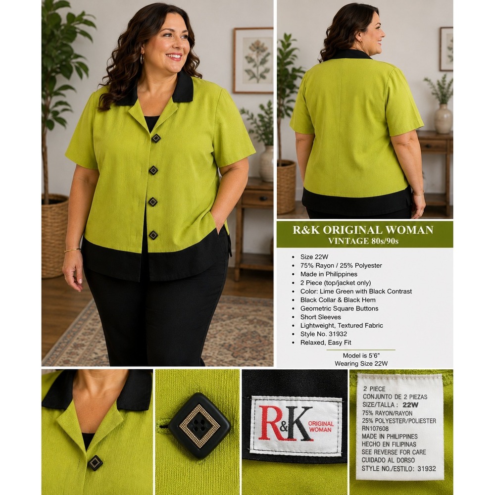 Vintage R&K Original Woman Lime Green Black Contrast Top Jacket 22W 31932